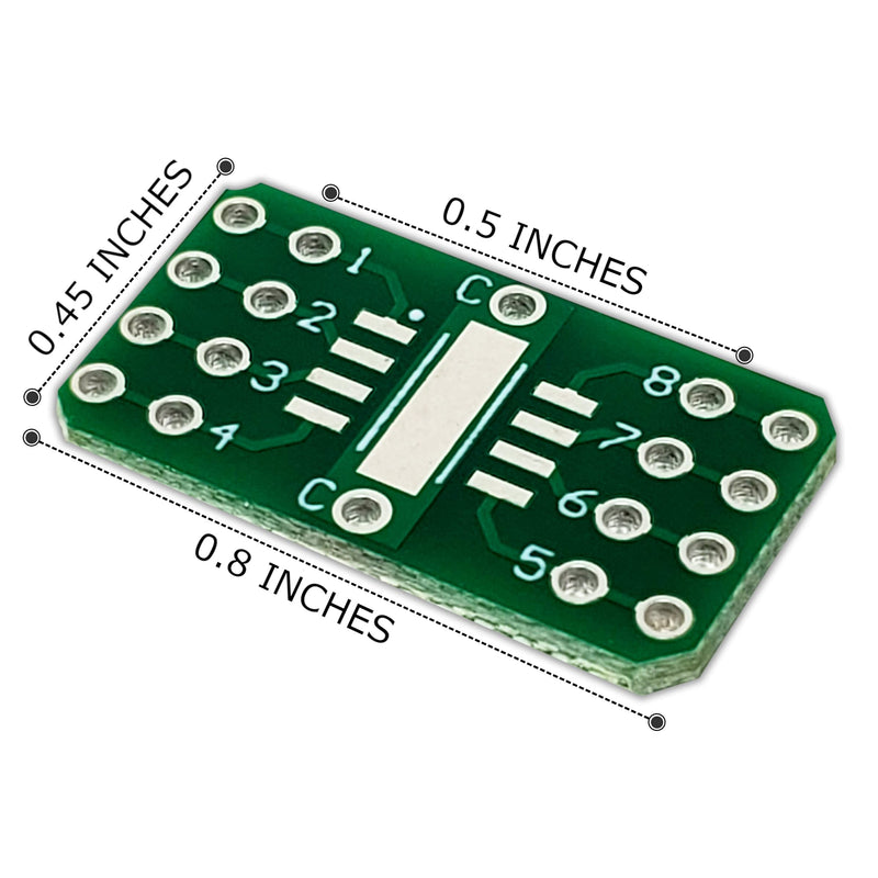– SMD to DIP Breakout PCB Module, 8-Pin, SOIC to DIP Adapter Header with Integrated SMT Resistor and/or Capacitor Pads – 10 Pieces 8-Pin SOIC