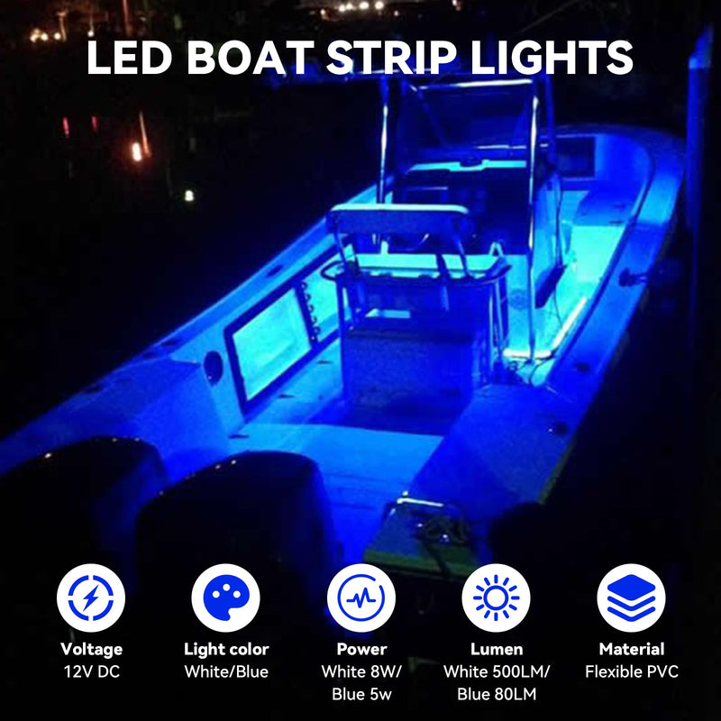 RVZONE Boat Interior Lights, 20 Inch 4 Pcs LED Boat Strip Lights 12V White and Blue Dual Color Marine Courtesy Strip Deck Transom Light for Fishing Pontoon Kayak Yacht Sailboat White&Blue 4PCS*20''