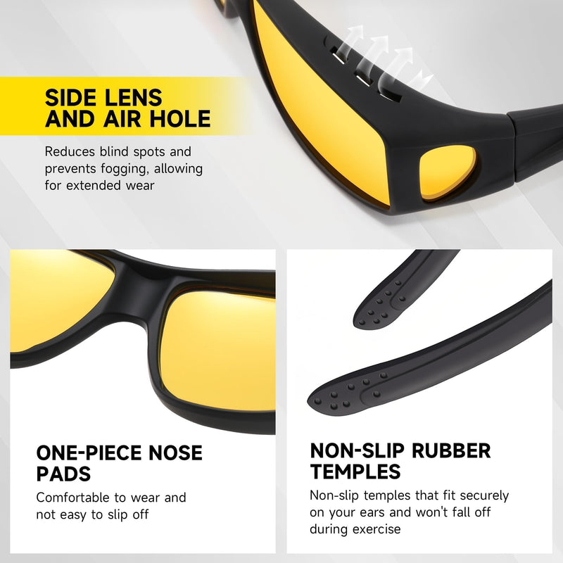 Night Driving Glasses Fit Over Eyeglasses for Men Women, Anti-glare Polarized Wrap-Around Night Vision Glasses A01-black Frame/Night Vision Lens