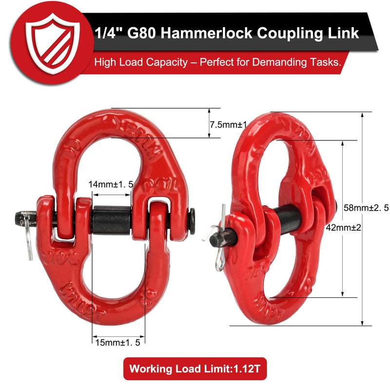 G80 1/4" Safety Chain Connector Link, 4 Pack Heavy Duty Hammerlock Coupling Link, Tow Hitch, Tow Chain Connector for Towing, Lifting, Trucks & Trailers 1/4 inch 4PC