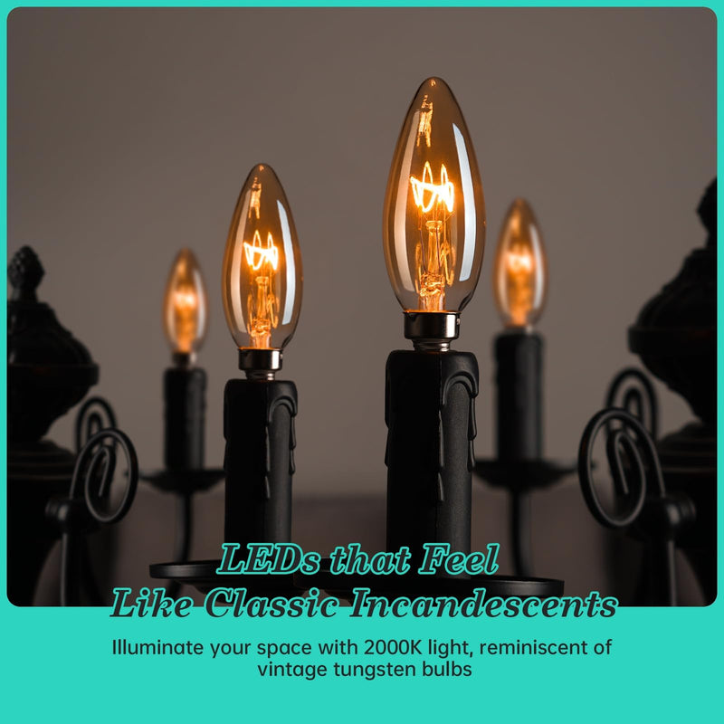 E12 Candelabra Light Bulbs 20W 25W Replacement, Super Thin Filament E12 LED Light Bulbs Dimmable, Chandelier Candle Light Bulb 2000K Soft Warm, Amber Candelabra Type B Light Bulb 12 Pack Amber Glass 2000k Warm Yellow 12 Count (Pack of 1)