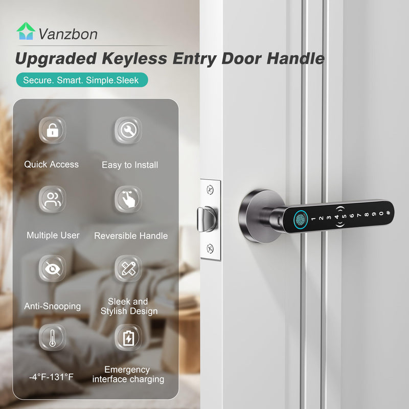 5 in 1 Fingerprint Door Handle Lock for Bedroom,Smart Biometric Door Knob with Code,Electric Finger Print Doorknob,Keyless Entry Door Lock for Apartment,Interior Room,Office,Motel(Grey,Black) Grey+Black