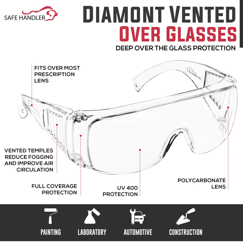 SAFE HANDLER BISON LIFE Diamont Vented Over Glasses Safety Glasses | Meets ANSI Z87.1, Impact Resistant Polycarbonate Lens Clear 12