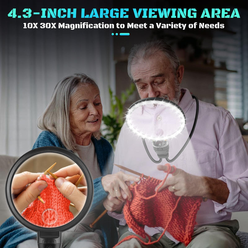10X 30X Large Magnifying Glass with Light, Hands Free Magnifying Glass for Reading, 3 Color LED Lights Flexible Gooseneck Magnifier for Close Work Reading Sewing, 4.3in 4.3 in