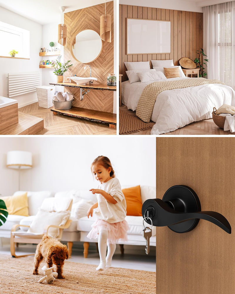 2 Pack Entry Black Door Handle with Lock and Key, Keyed Different Door Levers Interior Exterior Handle Lock, Reversible Front Entrance for Bedroom Wave Style Lever Handles 2 Pack Matte Black