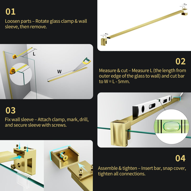 Shower Glass Support Bar, Stainless Steel Shower Door Support Arm with Foldable Hook, Adjustable Support Rod for 1/4"-3/8" Door, Cut-to-Fit for Various Spaces (Brushed Gold, 47.24'' (1200mm)) Brushed Gold 47.24'' (1200mm)