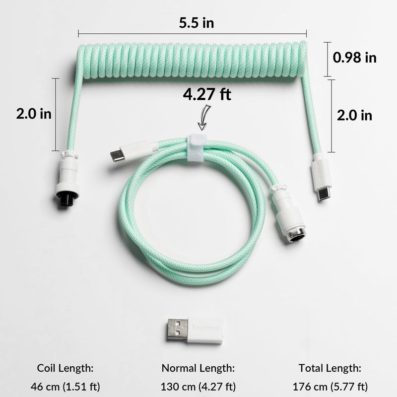 Keychron 8KHz Coiled USB-C Cable for Mechanical Keyboards, GX12 5-Pin Detachable Aviator Connector, USB-A Adapter, 176 cm / 5.77 ft Braided Cable, Charging & Data Transfer, Mint Straight Connector