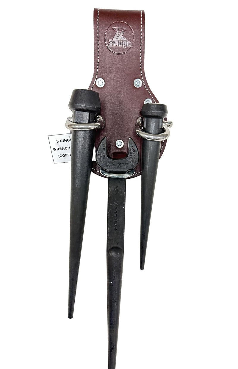 Premium Leather 3 Rings Spud Wrench Holder, Heavy Duty Bull Pin Holder for Tool Belt, Tunnel Connection Coffee