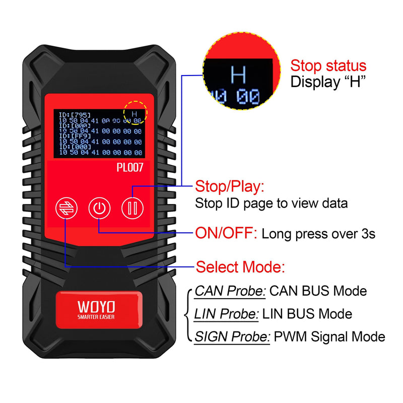 CAN LIN PWM Tester, WOYO PL007 CAN Bus Analyzer for Automotive Diagnostic Tool, Auto-Recognize CAN-H & CAN-L, CAN Range 50-1000kbps, PWM Signal Detector on Bench, LIN Bus Baud Range 2400-19200bps