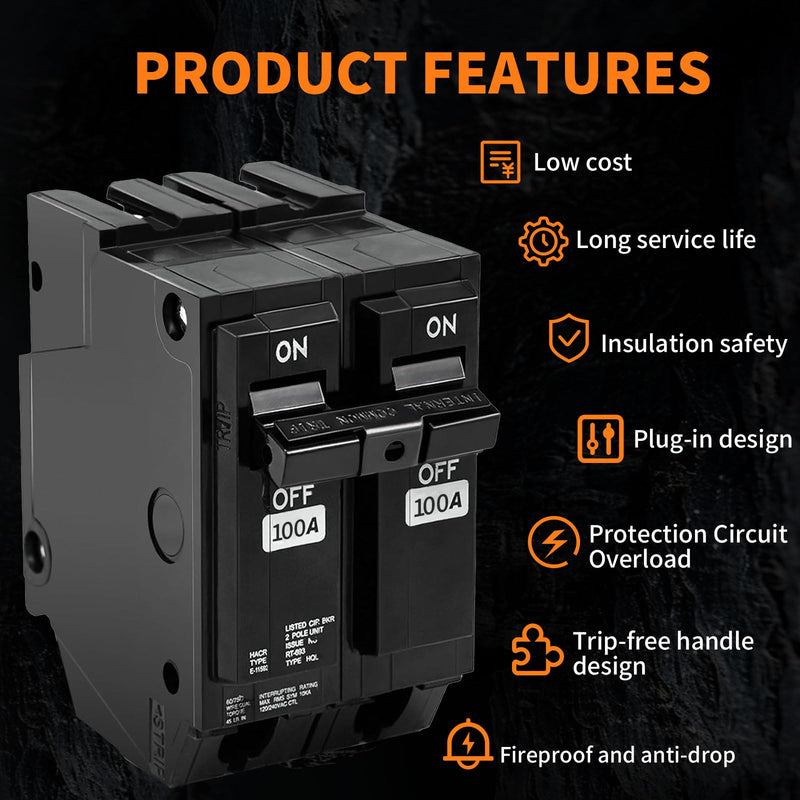 THQL2100 Circuit Breaker 100 Amp 2-Pole, Plug-in Mount, Thermal Magnetic Protection, 10KA, 120/240V, Compatible with GE Q-Line & Thick Series Load Centers