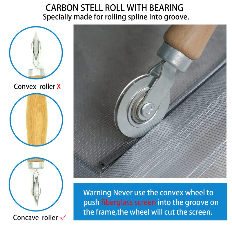 Screen Repair Kit - Screen Roller Tool with Bearing, Screen Retainer Spline(32ft) and Spline Removal Hook for Installing & Replacing Window Patio Sliding Door 3in1 Screen Tool Kit
