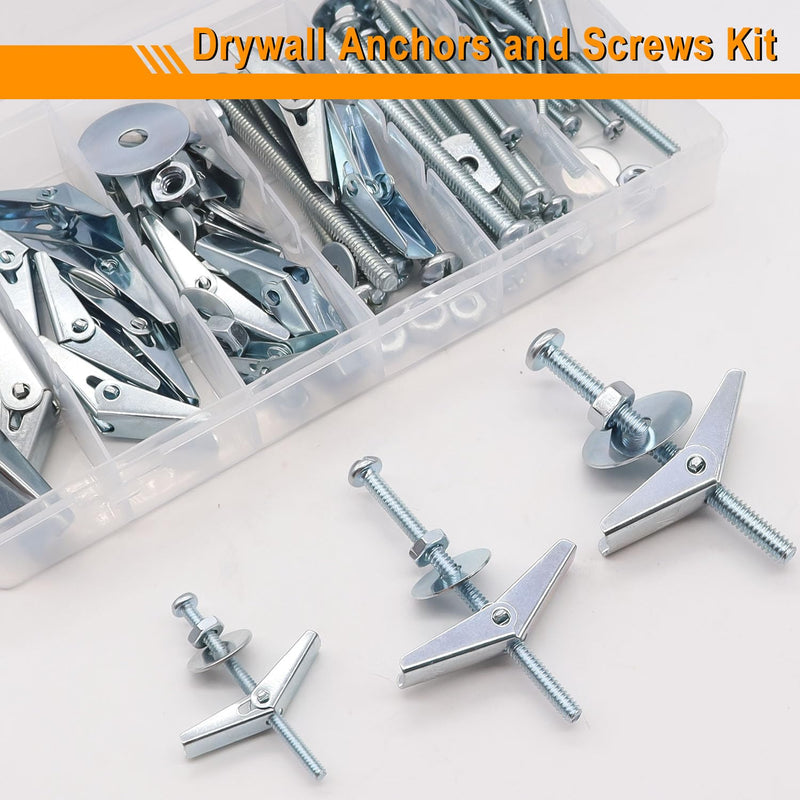 weideer 100Pcs Toggle Bolts 1/8" 3/16" 1/4" Heavy Duty Drywall Anchors and Screws Assortment Set Toggle Bolts and Wing Nut Kit with Nuts washers (25sets) K-136 Toggle Bolts+Nuts washers