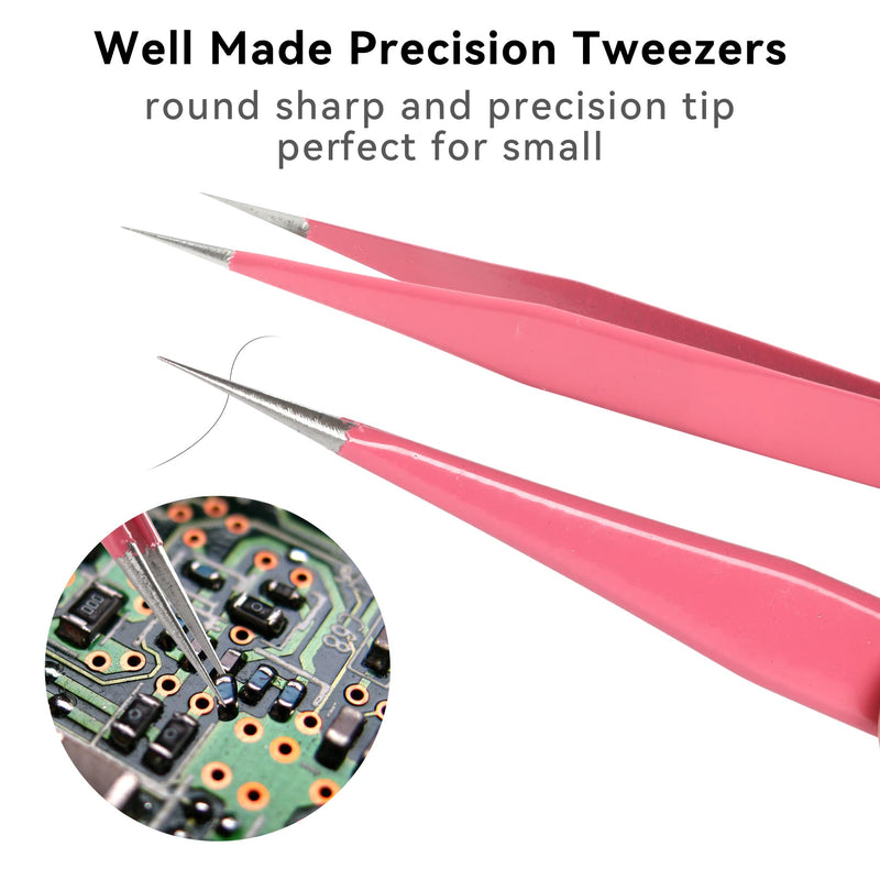 Pink Precision Tweezers 6PCS Set, Upgraded Anti-Static Stainless Steel Curved of Tweezers for Women, for Electronics, Laboratory Work, Jewelry-Making, Craft, with Storage Bag Pink