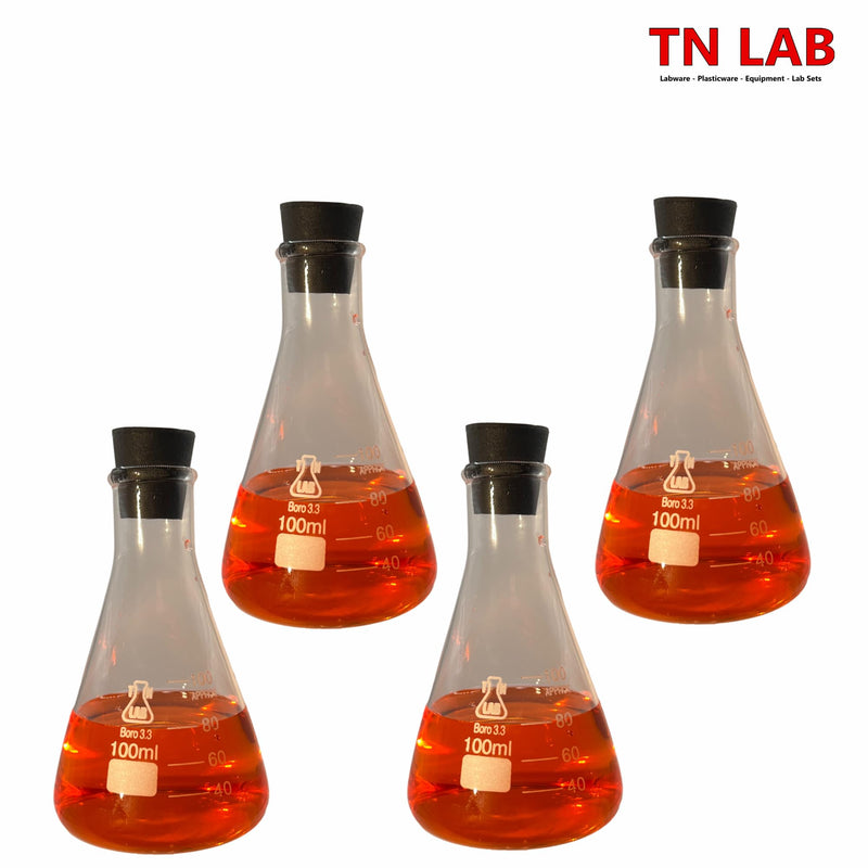 TN LAB 100ml Erlenmeyer Conical Borosilicate Glass Flask with Rubber Stopper 4-Pack