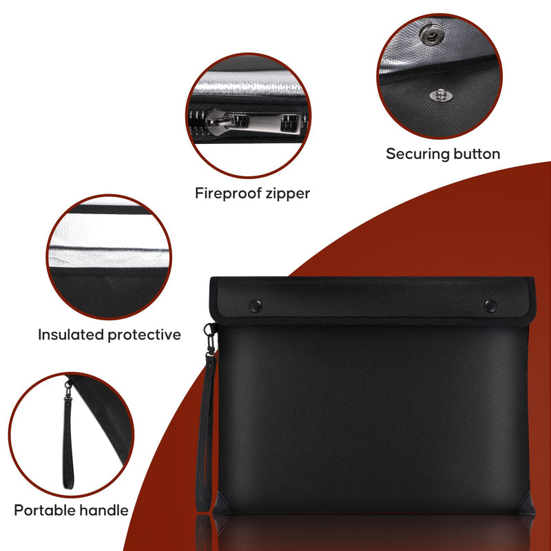 6500℉ Real Fireproof Document Bag, Wallet with Fire Proof Zipper, 8 Layer Material, Envelope Bag for A4 Size Documents, Id Card Black