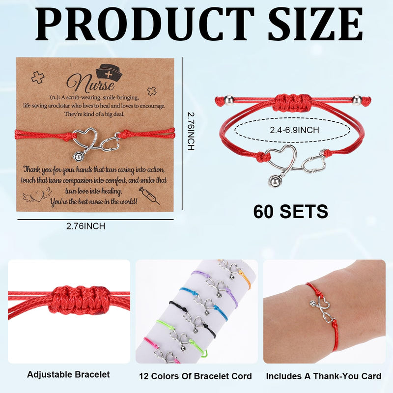60 Sets Heart Stethoscope bracelet Bulk Nurse Gifts for Women Nurse Bracelet Nurses Week Gifts Bulk 2026 Nurses Appreciation Gift Nursing Student Graduation Gift With Blessing Cards for Women