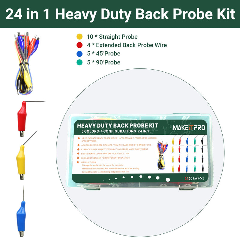 24 in 1 Heavy Duty Electrical Back Probe Kit | 4 PCS Extended Back Probe Wires | 20 PCS Alligator Clip to Back Probe Needle