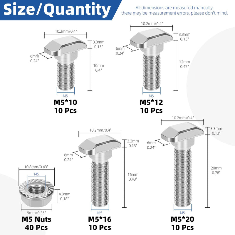 Glarks 80pcs M5 T Slot Drop-in Bolt with Hexagon Flange Nut Set, 10/12/16/20MM Hammer Head T-Bolt, T Shape Stud Sliding Screw, T Screw Stud for European Standard 20 Series Aluminum Profile