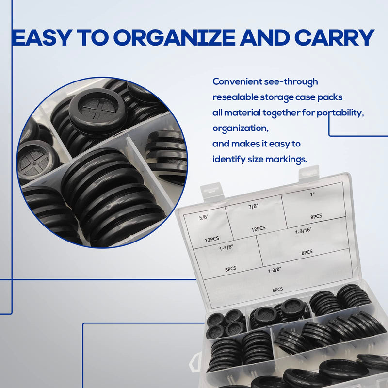 53 PCS 6 Size Rubber Grommets for Wiring, Double Sided Round Rubber Hole Plug, Firewall Grommet Rubber Hole Plugs, Drill Hole Sizes of 5/8" 7/8" 1" 1-1/8" 1-3/16" 1-3/8", Black 53PCS