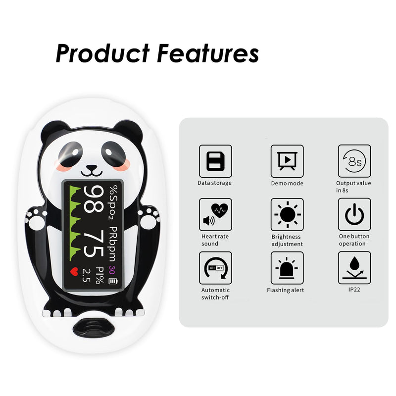 Pediatric Pulse Oximeter for Kids 2+, Panda Design Fingertip Oxygen Monitor with Digital Display for Heart Rate and SpO2 Monitoring