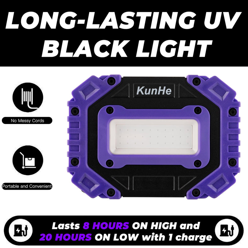 KunHe Rechargeable UV Black Light, Portable Battery Powered Blacklight, Cordless UV Light, 395nm Ultraviolet Floodlight Lamp for Night Fishing, Dark Glow Party, Halloween, 2 Pack 395 UV 2.0