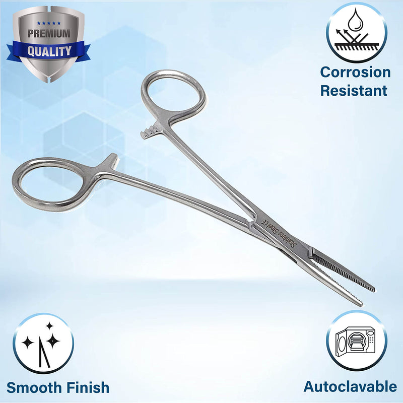 Mosquito Hemostat Locking Forceps 5" Straight with Full Serrated Jaws Ideal for Clamping, Fishing, Firefighters Nurses Doctors + More (Silver) Silver