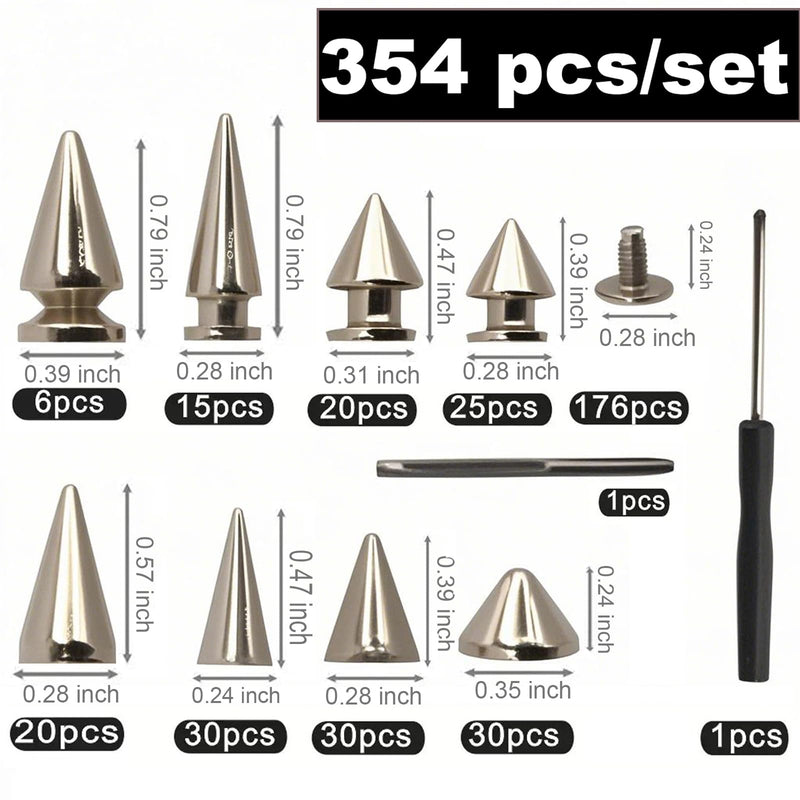 354 Pieces Punk Spikes and Studs Kit - 8 Sizes Cone Spikes, Metal Tree Spikes Studs for Leathercraft, Punk Clothing DIY Accessories (Silver) Silver
