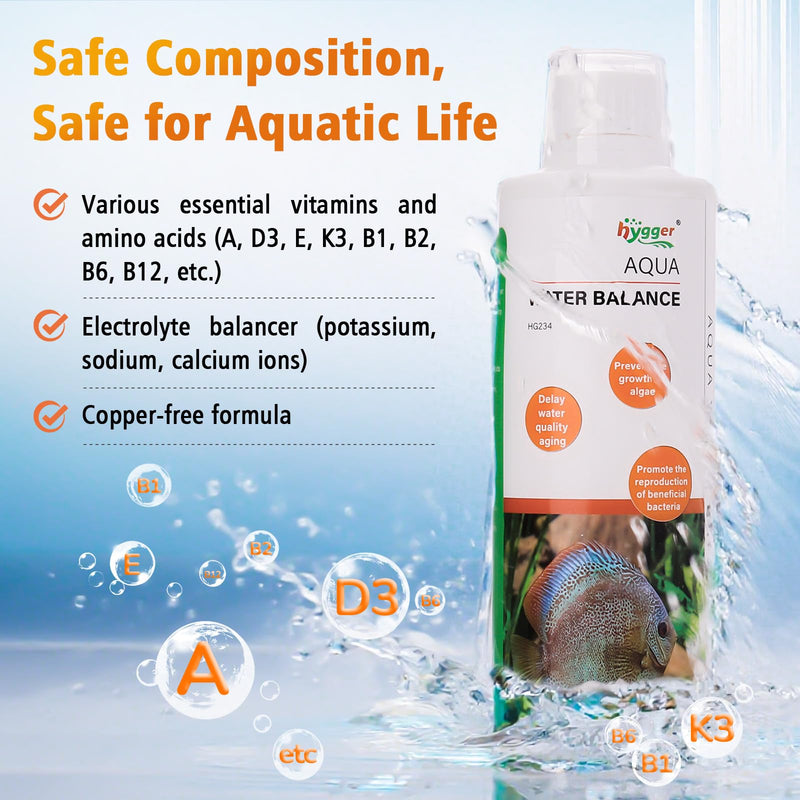 hygger Aqua Water Balance for Freshwater Saltwater, Aquarium Fish Tank Plant Coral Stabilizes Water Quality with Essential Vitamins Amino Acids Electrolyte Water Conditioner, 500 ML