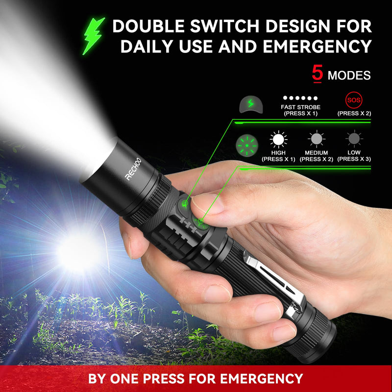 RECHOO Flashlights USB Rechargeable 2 Pack Double Switch S3000L LED Tactical Flashlight High Lumens Super Bright 5 Modes Zoomable Waterproof Flashlight for Camping, Emergency
