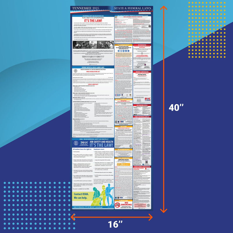 2025 Tennessee State and Federal Labor Law Poster - OSHA Workplace Compliant - Mandatory Regulations Posting for Employees - All in One Required Compliance Posting 16" x 40" - Laminated