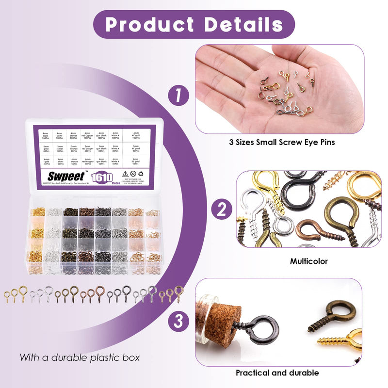 Swpeet 1610Pcs 0.16 Inch 0.2 Inch 0.24 Inch 3 Sizes Screw Eye Pins Metal Screw-in Eye Bolts Screw Eyes Hooks Kit, Small Screw Pins Mini Metal Eye Screw Crew Eyes Hooks Self-Tapping Screws Hooks