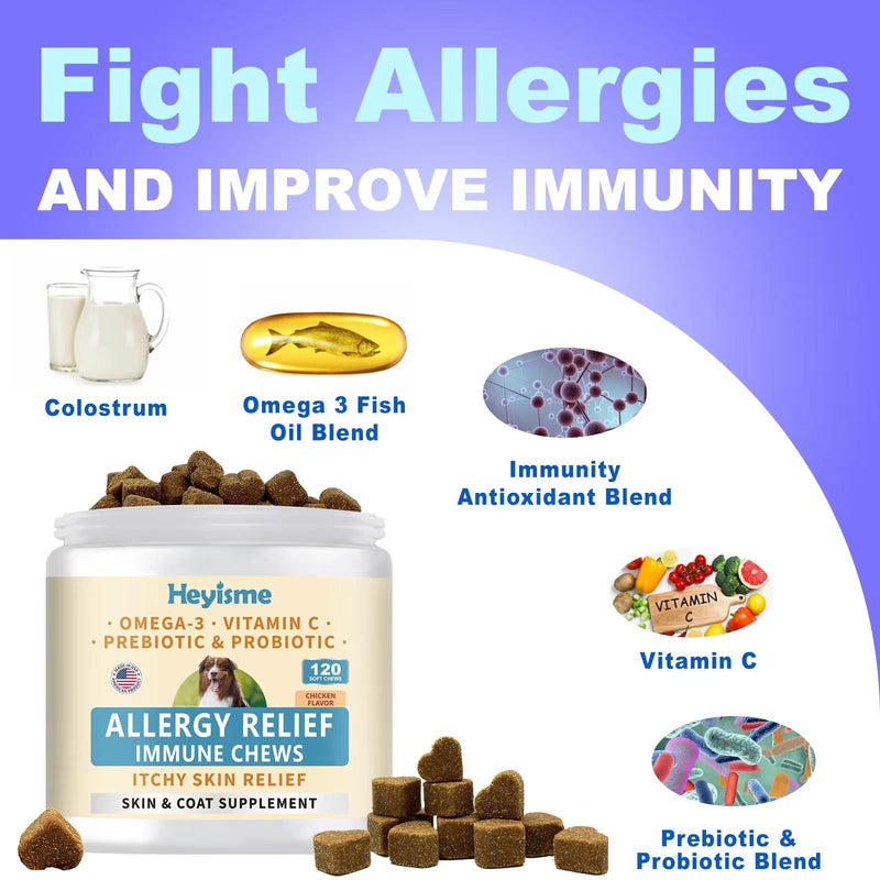 Dog Allergy Relief Chews, Itch Relief, Probiotics for Dogs, Omega-3 Fish Oil, Seasonal Allergy and Itchy Skin Treatment, Immune Support Supplement (120 Chews, Chicken) 120 Chews