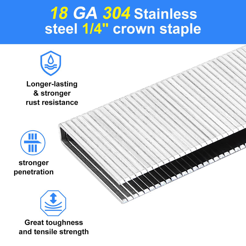 18 Gauge 1/4" Narrow Crown (1", 3/4", 1/2"), Assorted 1200 Counts for 18 GA Pneumatic or Electric Stapler or Staple Gun,Project Pack (304 Stainless Steel)