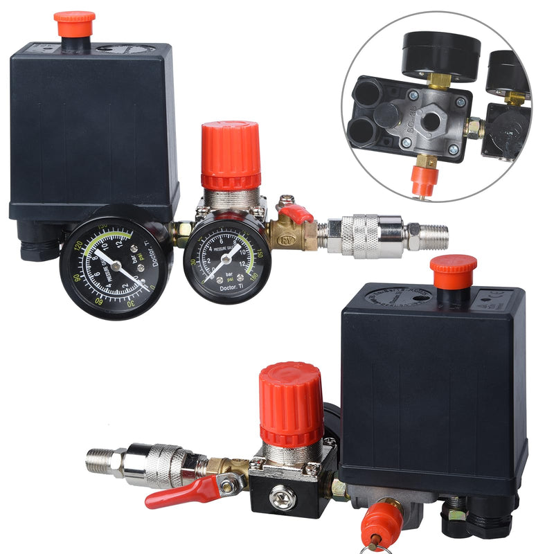 Preciva Air Compressor Pressure Switch Control Valve with 4 Way Valve Air Pressure Regulator 0-180PSI / Safety Pressure Relief Valve/Threads Pipe & Plug