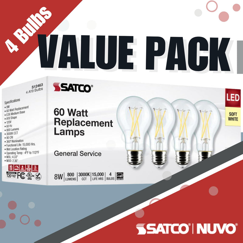 Satco S12463 LED Light Bulbs 8 Watt 120V 3000K Soft White 800 Lumens Dimmable 2 Packs of 4 (8 Bulbs Total)