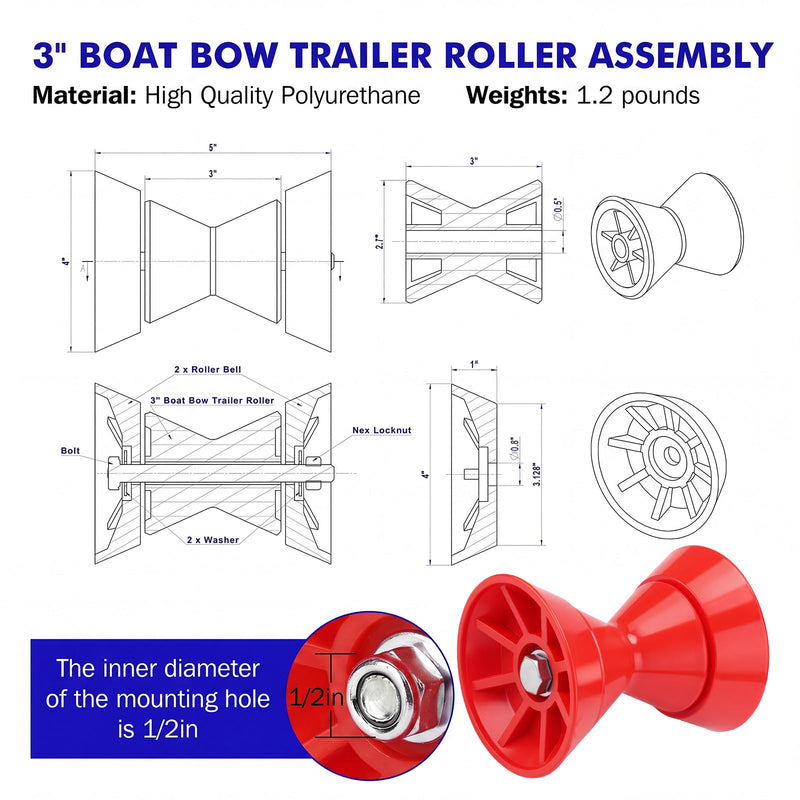 3'' Boat Trailer Roller Assembly with Spoke Fits 1/2'' Shaft Bow Roller Fits 3 Inch Wide Boat Trailer Bracket Red