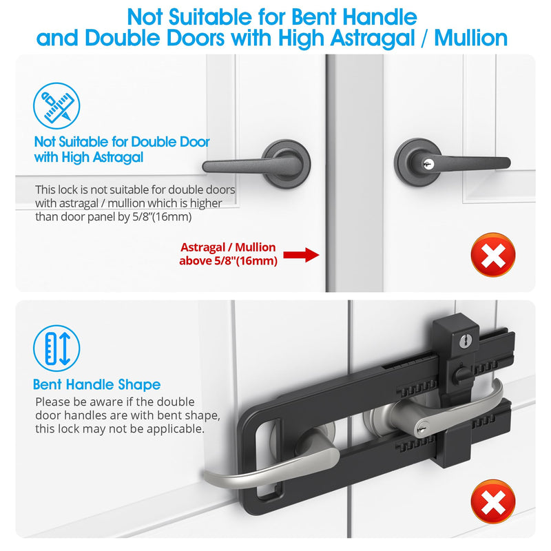 AST Double Door Lockout Device, French Door Reinforcement Lock with 3 Keys, Lockout to Double Door Knobset and Handleset, Childproof Door Lock, Premium Version (Matte Black with Key Alike) Matte Black with Keyed Alike