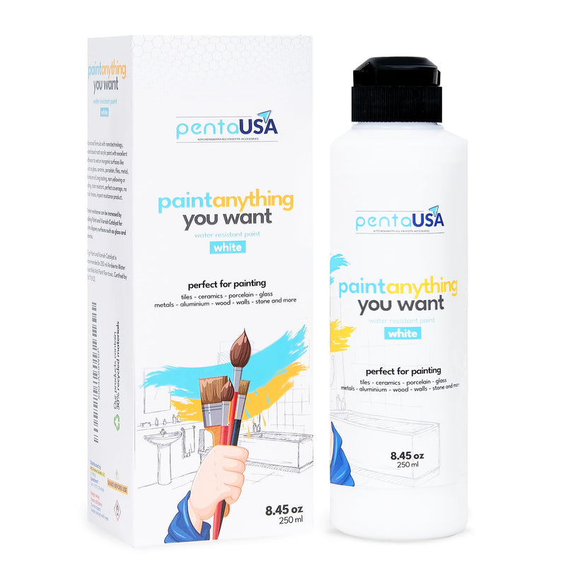 PENTAUSA All in One Paint - (White) Waterproof Paint for Bathroom, Tub Paint, Tile Paint, Acrylic Paint for Wet Surfaces, Sink, Kitchen Cabinets, Countertops, Wet Surface Paint, 8.45.Oz White
