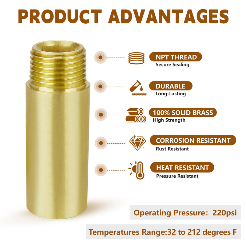 2", 3", 4" Length Brass Pipe Extender, 1/2" NPT Pipe Fittings Long Nipple Yellow 2",3",4" (6 PCS)