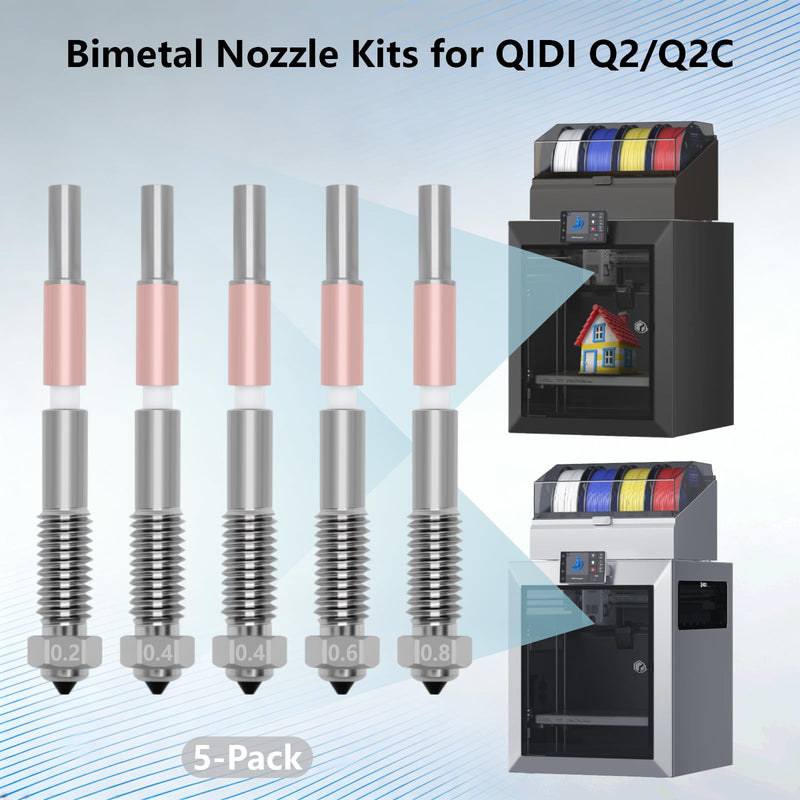 5PCS Bimetal Nozzle for QIDI Q2/Q2C, Quick-Swap Integrated Ceramic Throat Tube Hardened Steel Nozzle All-Metal HighTemperature Resistant Hotend 0.2/0.4/0.6/0.8mm Nozzles for QIDI Q2 3D Printer 5PCS Muilt Size Nozzle