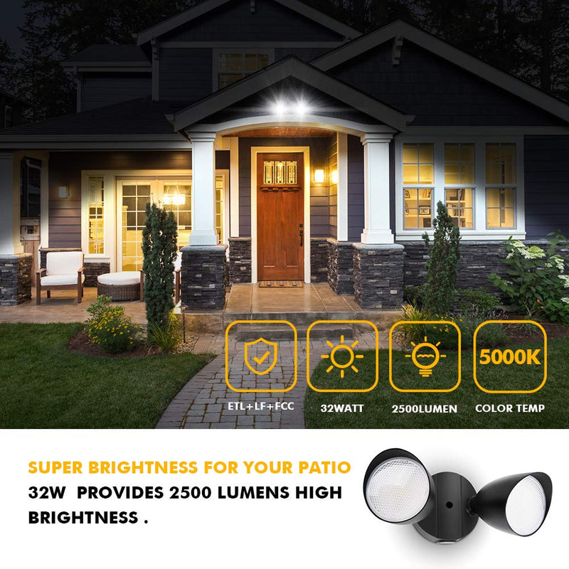 LUTEC 6222B 2500 Lumen 32 Watt 28 LED Dual-Head Floodlight Outdoor, Full Metal Design, Waterproof Exterior Security Wall Light 5000K for Patio, Garden, Yard-Black Black