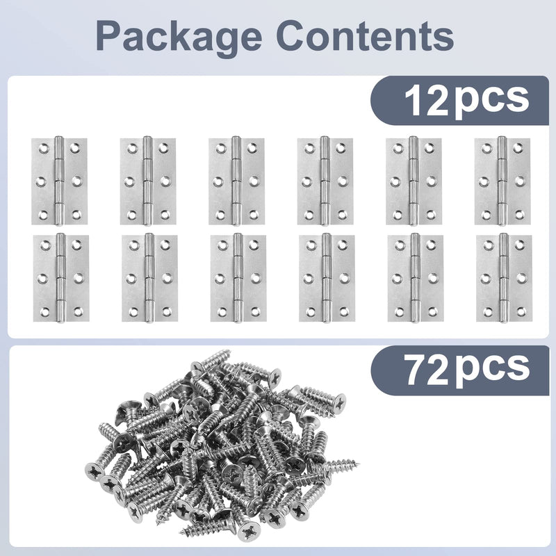2.5" Door Hinge, 12 Pcs Stainless Steel Butt Hinges, Silver Window Hinges, Interior and Outdoor Hinges with Screws, 60 x 38 x 1.2mm 2.5 Inch