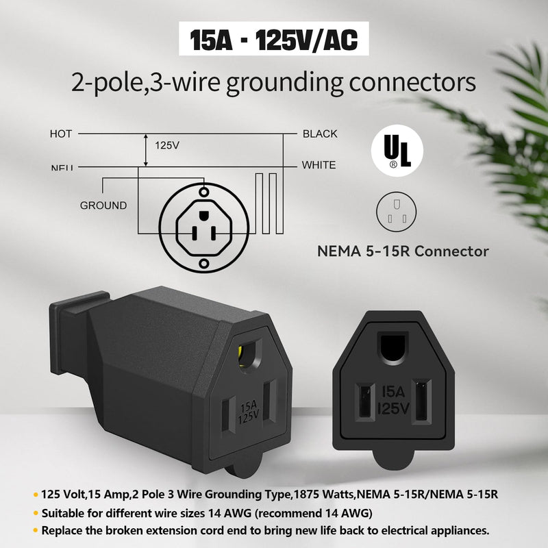 3Pack Straight Blade Plug, 2 Pole 3 Wire 125V 15A Grounding Plug Female Extension Cord Ends Replacement Electrical Plugs Connectors End Black
