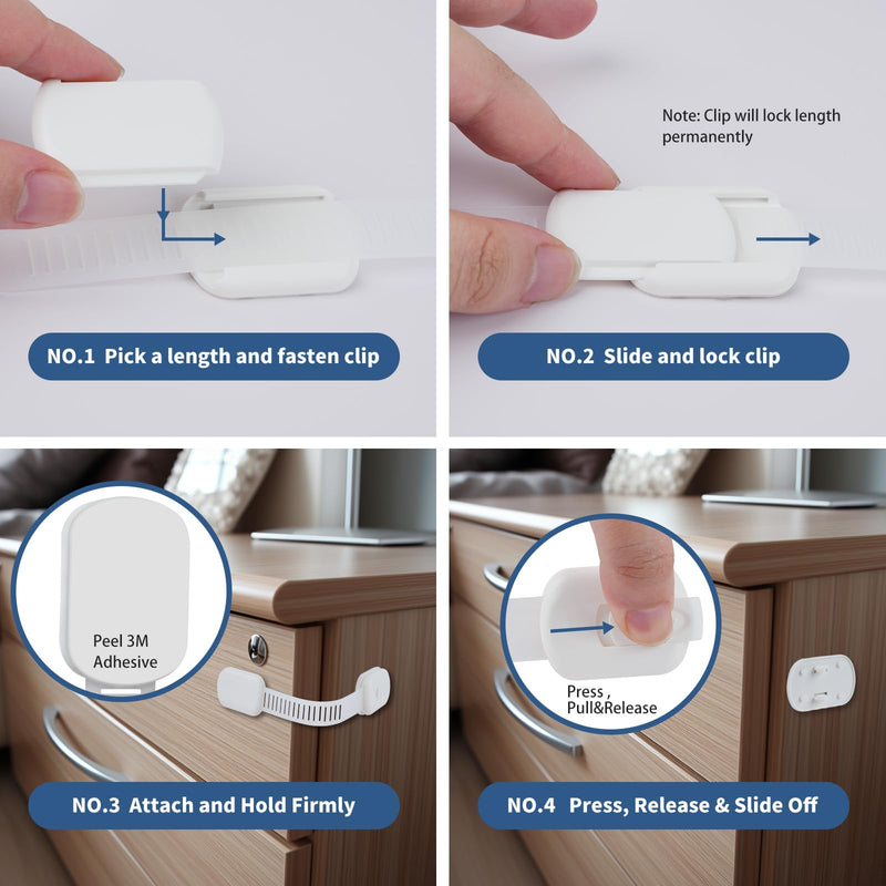 Child Proof Cabinet Locks - Cabinet Locks Baby Proofing with 3M Adhesives for Refrigerator, Oven, Cupboards, Toilet Seat - Adjustable,Easy Installation,No Drilling (24 Pack) 24