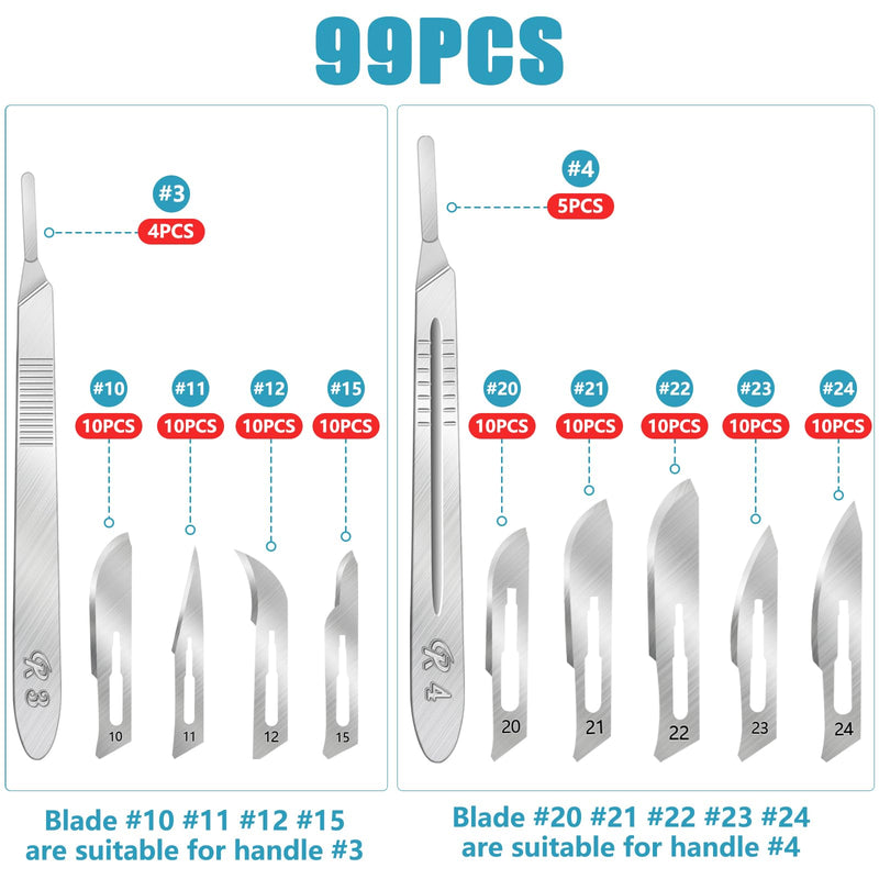 99PCS Surgical Blades Kit, #10#11#12#15#20#21#22#23#24 Surgical Sterile Blades for dermaplaning, Art Carving Blades with 9 Stainless Steel Handles, Laboratory Blade Lab Knives Handle(9PCS)+Blades(90PCS)