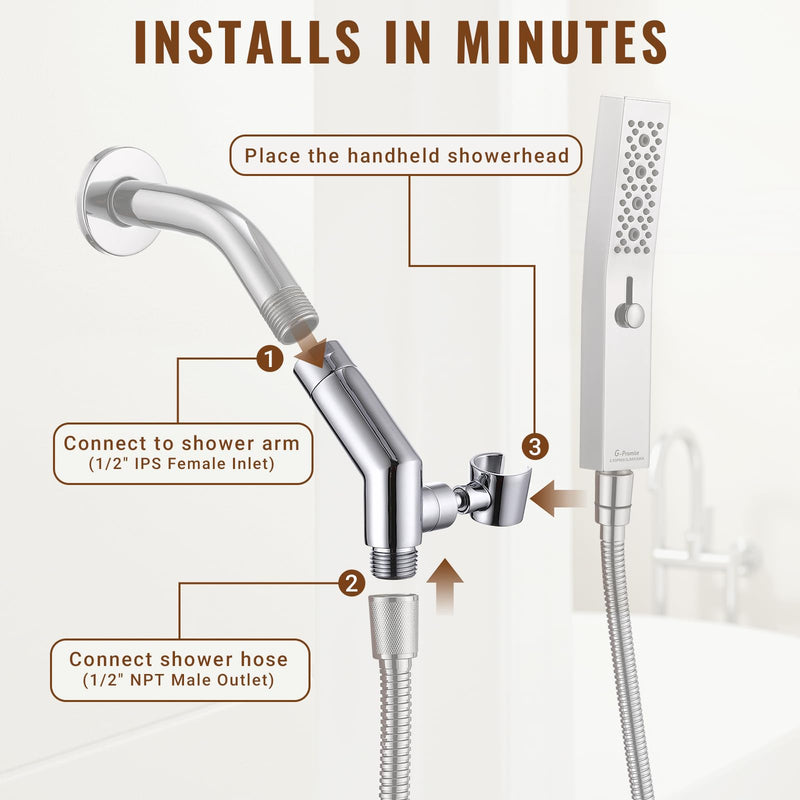 G-Promise All Metal Handheld Shower Head Holder with Extra-Wide Adjustable Angle Range, Solid Brass Shower Wand Bracket with Pivot Ball, Universal Bathroom Part Replacement (Chrome)
