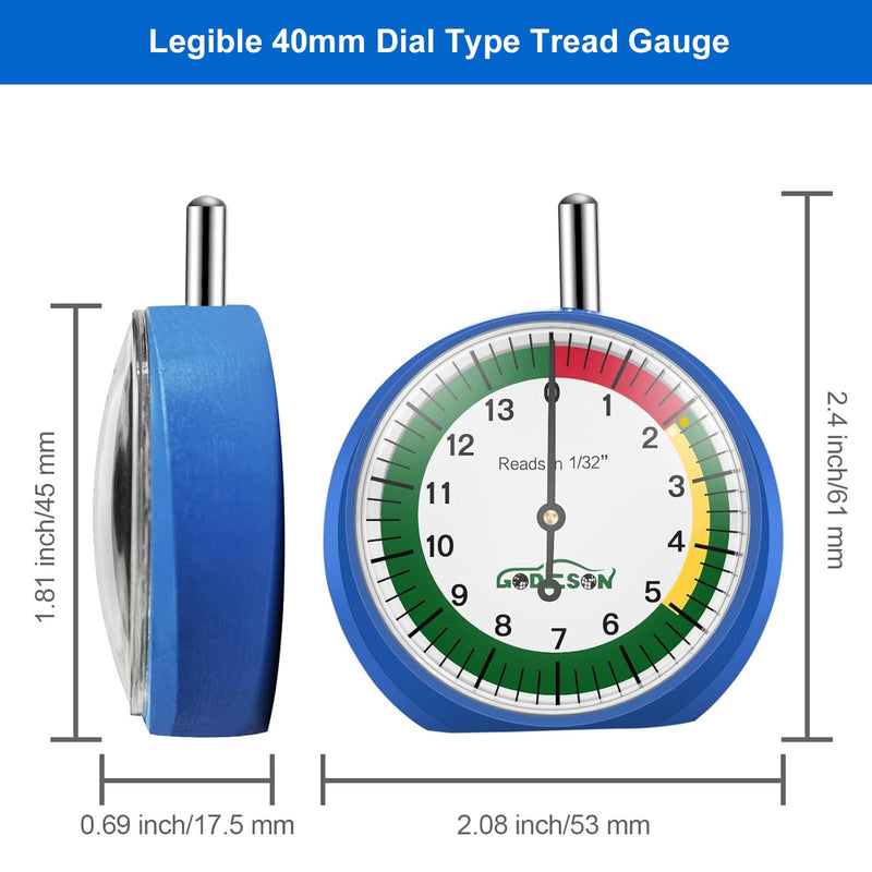 GODESON Dial Type Tire Tread Depth Gauge 88703 Professional for Motorcycle, car,Truck and Bus 1 Pack INCH