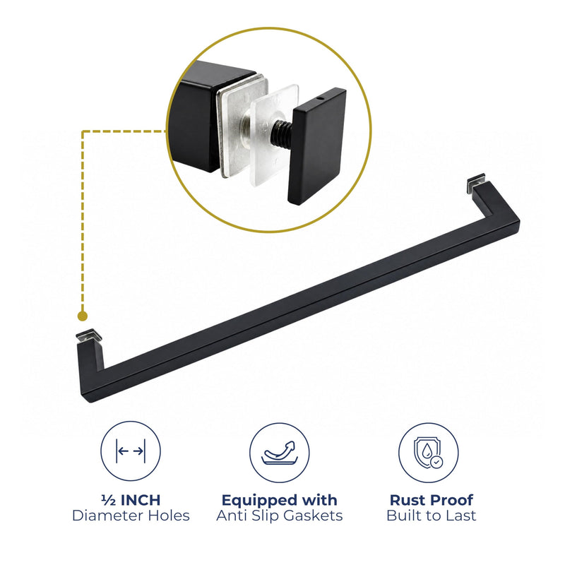 18" Shower Door Towel Bar, Single-Sided, Matte Black, Square | Stainless steel construction, Mitered corners, Fits frameless glass shower doors, Glass-mounted design, Durable