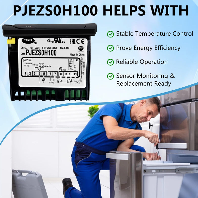 PJEZS0H100 Temperature Controller Compatible with Carel and All Refrigerator Types, 115V Digital Thermostat with Temperature Sensor Probe, Mounting Hardware and Instructions PJEZS0H100