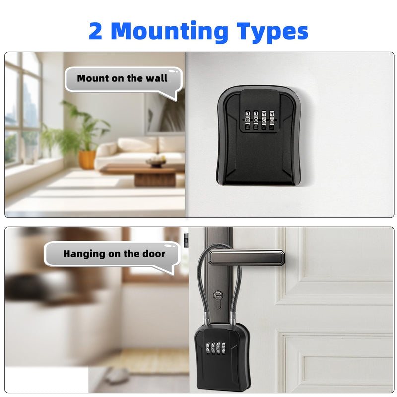 AMMIY Key Lock Box,Portable Waterproof Lockbox with Removable Shackl, Wall-Mounted Key Storage Box, 4-Digit Combination Key Storage Lockbox for Home,Office,Garage, Airbnb,Apartment (1 Pack,Black) Black